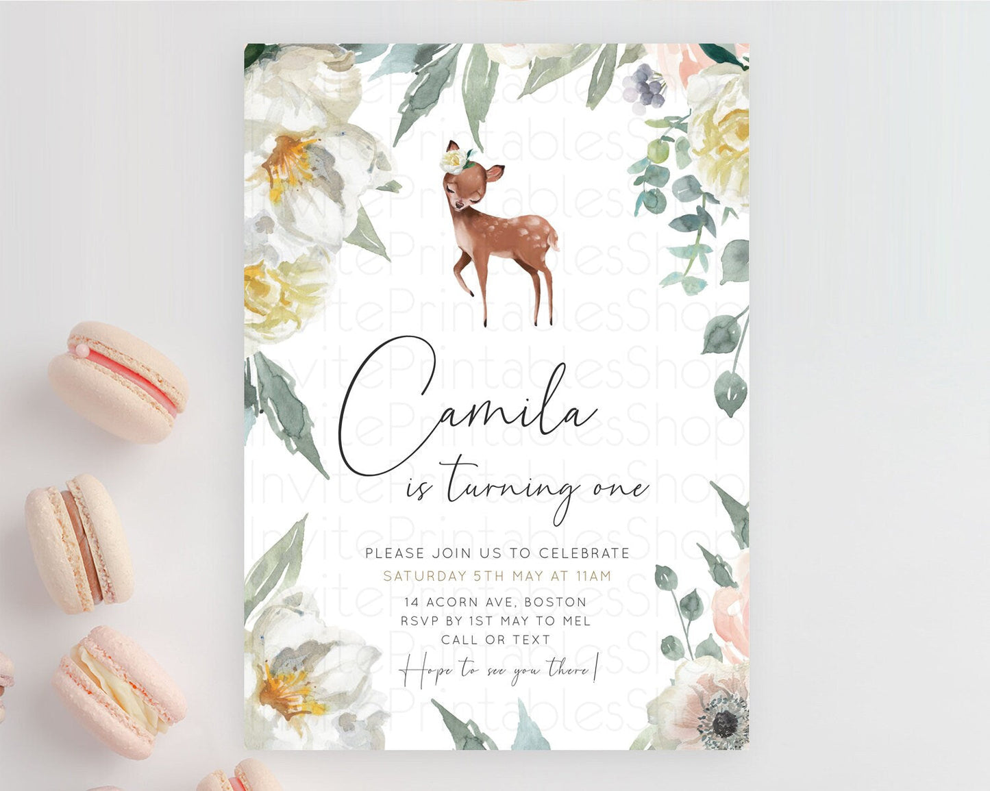 Fawn Birthday Invitation Deer Birthday Invitation Enchanted Forest Party Butterfly Pastel Flowers Whimsical 2nd 1st First Birthday D11030