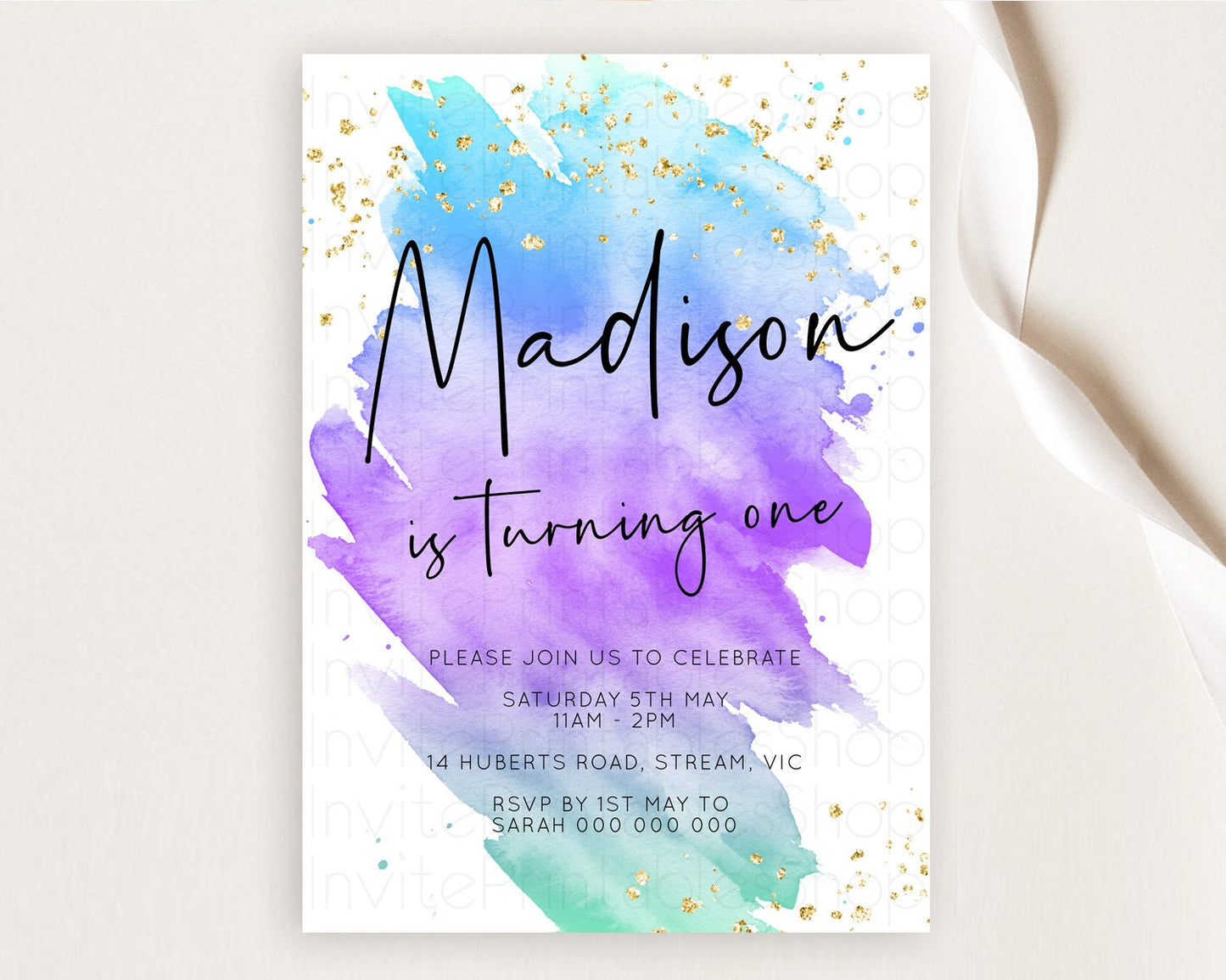 Rainbow Birthday Invitation Colorful Pastel Watercolor Invitation Gold Glitter Sprinkles Ombre Pastel 1st 2nd 3rd Birthday D10491