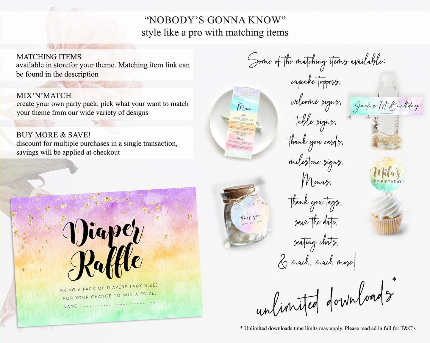 Pastel Diaper Raffle Card Pastel Rainbow Diaper Raffle Insert Colorful Ombre Watercolor Diaper Ticket Confetti Glitter Raffle Game D10512