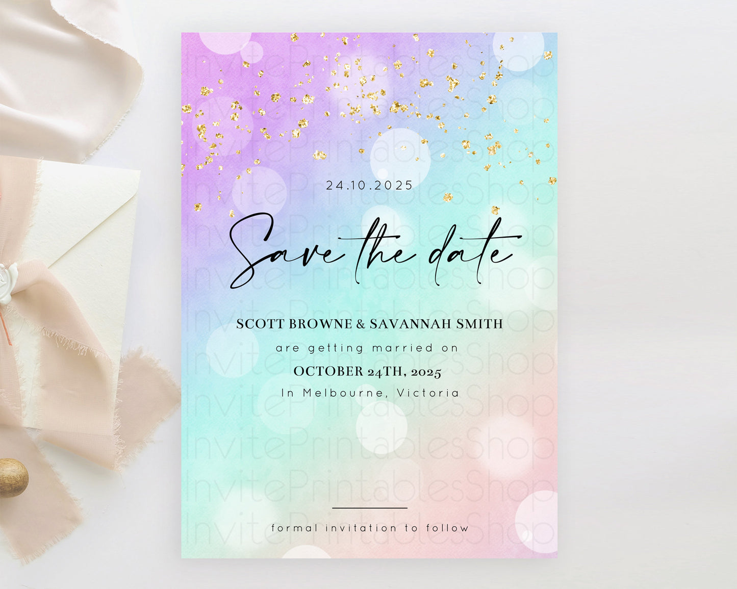 Pastel Save The Date Template Pastel Ombre Rainbow Watercolor Colorful Party For Birthday Baptism Baby Shower Wedding Bridal Shower D10618