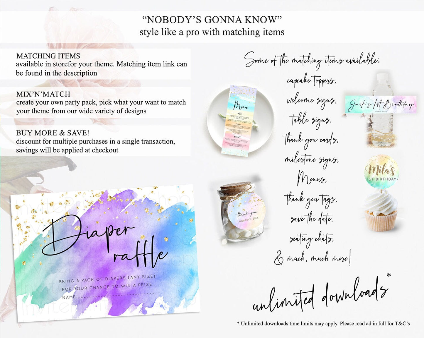 Pastel Diaper Raffle Card Pastel Rainbow Diaper Raffle Insert Colorful Ombre Watercolor Diaper Ticket Confetti Glitter Raffle Game D10491