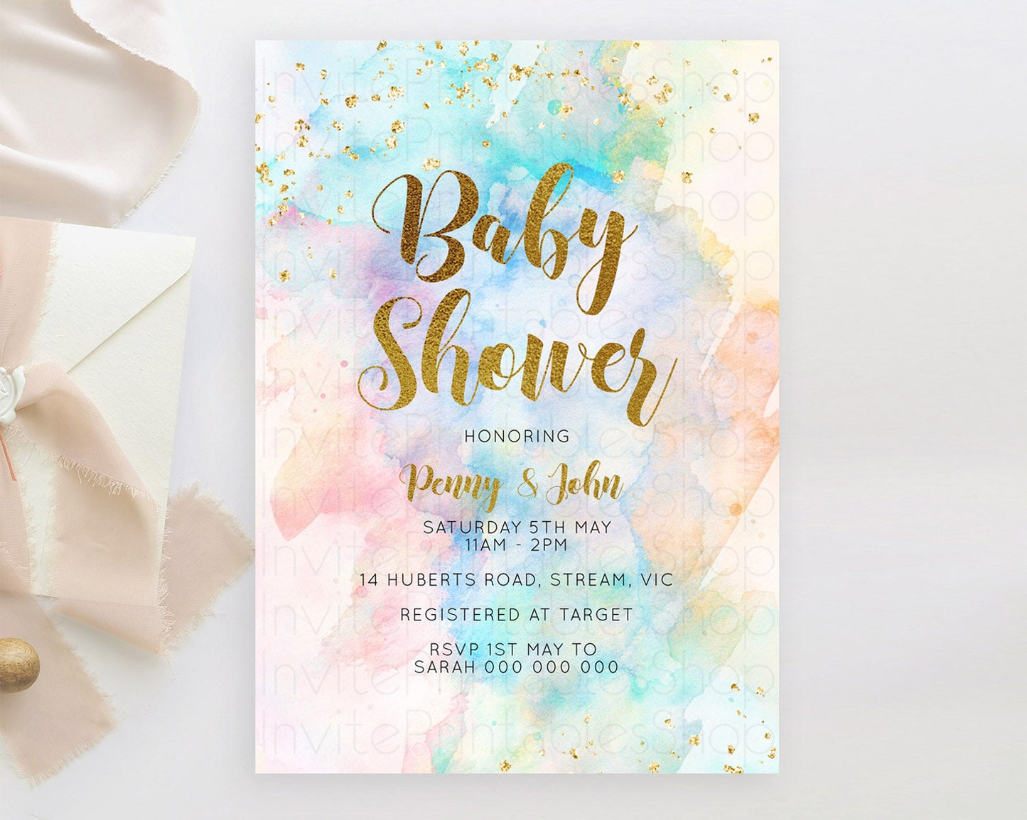 Pastel Baby Shower Invitation Rainbow Baby Shower Invitation Colorful Pastel Watercolor Invitation Gold Glitter Sprinkles Ombre D10272