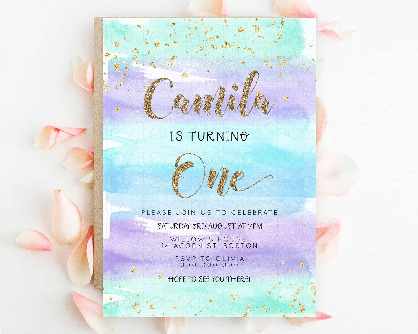 Rainbow Birthday Invitation Colorful Pastel Watercolor Invitation Gold Glitter Sprinkles Ombre Pastel 1st 2nd 3rd Birthday D23270