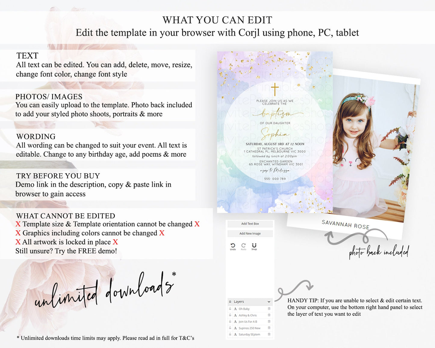 Pastel Baptism Invitation Pastel Colors Watercolor Baptism 1st Birthday Party Gold Ombre Pastel Rainbow Christening Holy Communion D10624