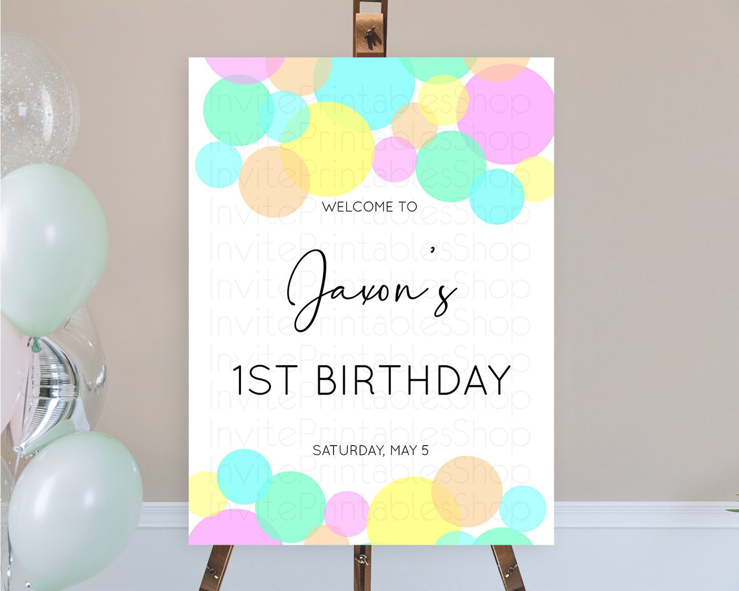 Rainbow Welcome Sign Pastel Welcome Board Pastel Rainbow Confetti Welcome Sign Colorful Bubbles Pastel First Birthday Welcome Sign D10409