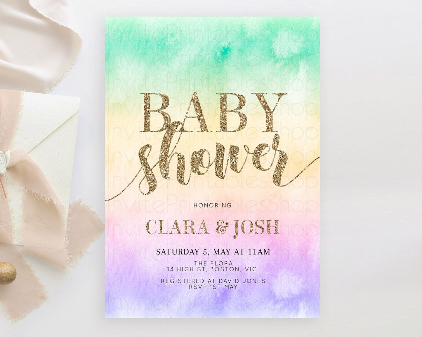 Pastel Baby Shower Invitation Rainbow Baby Shower Invitation Colorful Pastel Watercolor Invitation Gold Glitter Sprinkles Ombre D10478