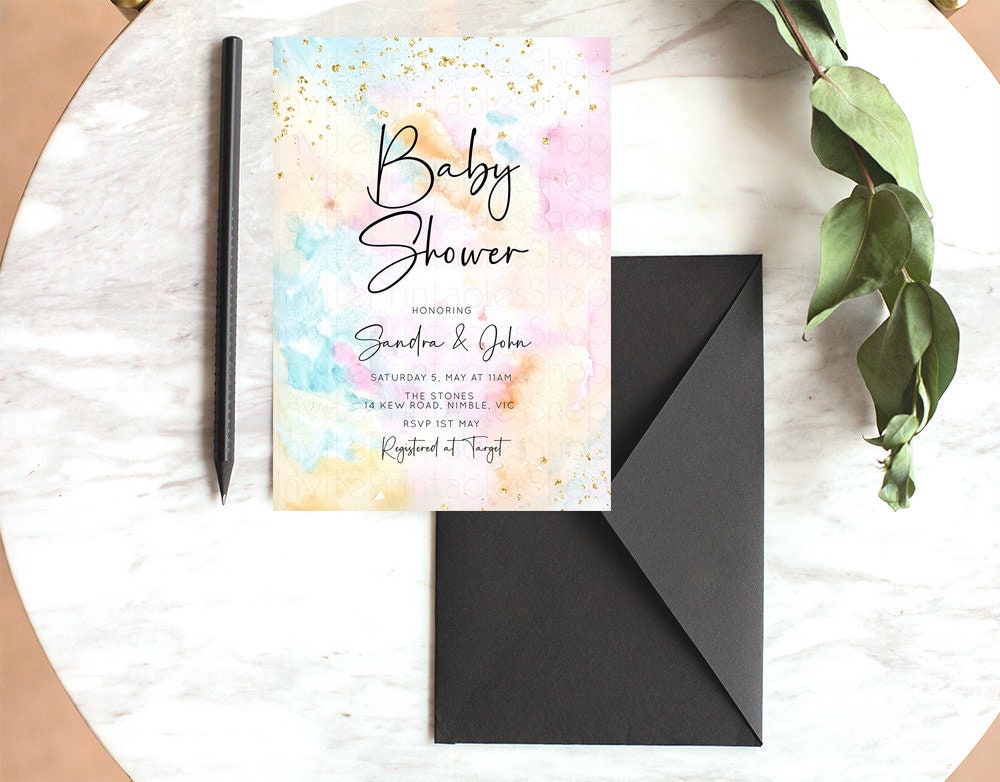 Rainbow Baby Shower Invitation Pastel Watercolor Invite Colorful Splash Invite Gold Sprinkle Invite Gold Glitter Invite Confetti Invite 566