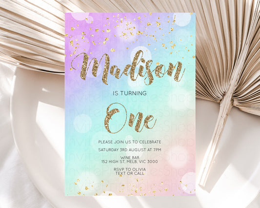 Rainbow Birthday Invitation Pastel Birthday Invite Ombre Watercolor Invite Enchanted Theme Colorful Splash Glitter Sprinkles 1st 2nd 3rd
