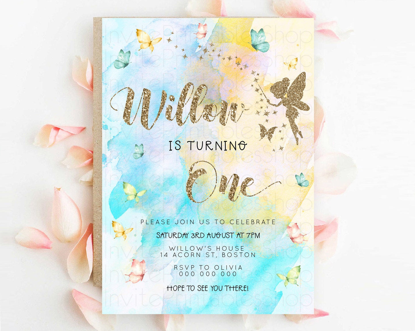 Pastel Fairy Birthday Invitation Pastel Butterflies Fairy Birthday Invitation Rainbow Ombre Watercolor 1st 2nd Birthday Invitation D23348