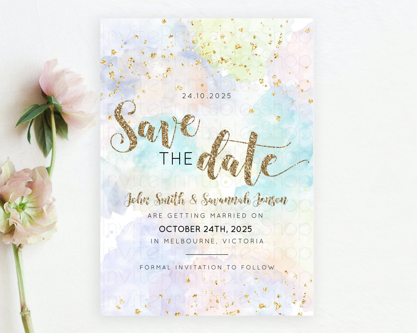 Pastel Save The Date Template Pastel Ombre Rainbow Watercolor Colorful Party For Birthday Baptism Baby Shower Wedding Bridal Shower D10613