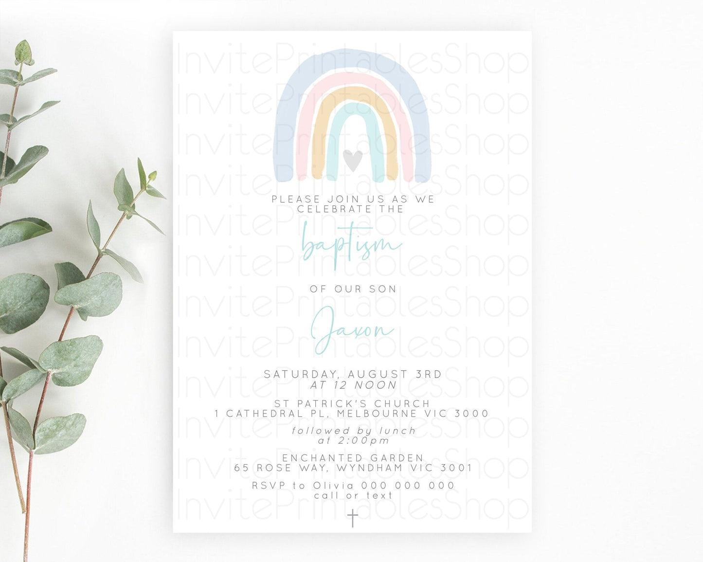 Pastel Rainbow Baptism Invitation Boho Rainbow Baptism 1st Birthday Invitation Rainbow Pastel Watercolor Christening Invitation D10214