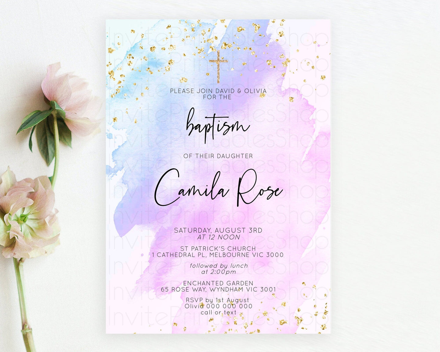 Purple Baptism Invitation Purple Watercolor Baptism Birthday Invitation Pastel Purple Watercolor Christening Invite Purple Splash D10169