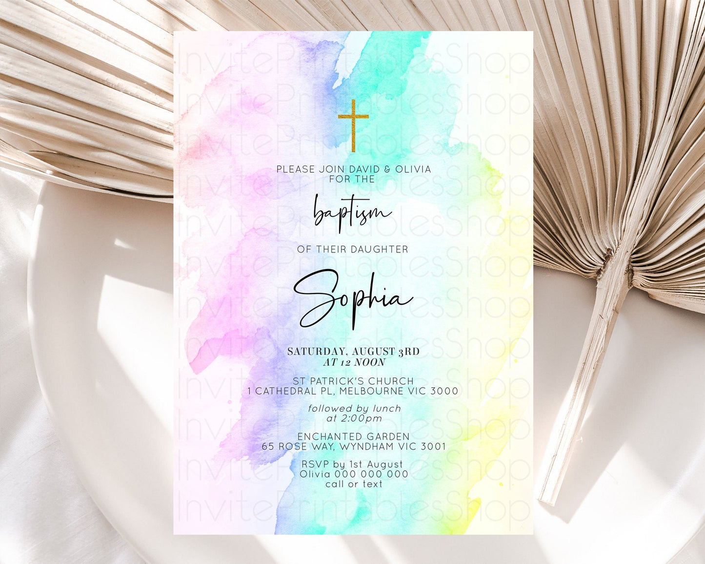 Pastel Baptism Invitation Pastel Colors Watercolor Baptism 1st Birthday Party Gold Ombre Pastel Rainbow Christening Holy Communion D10231