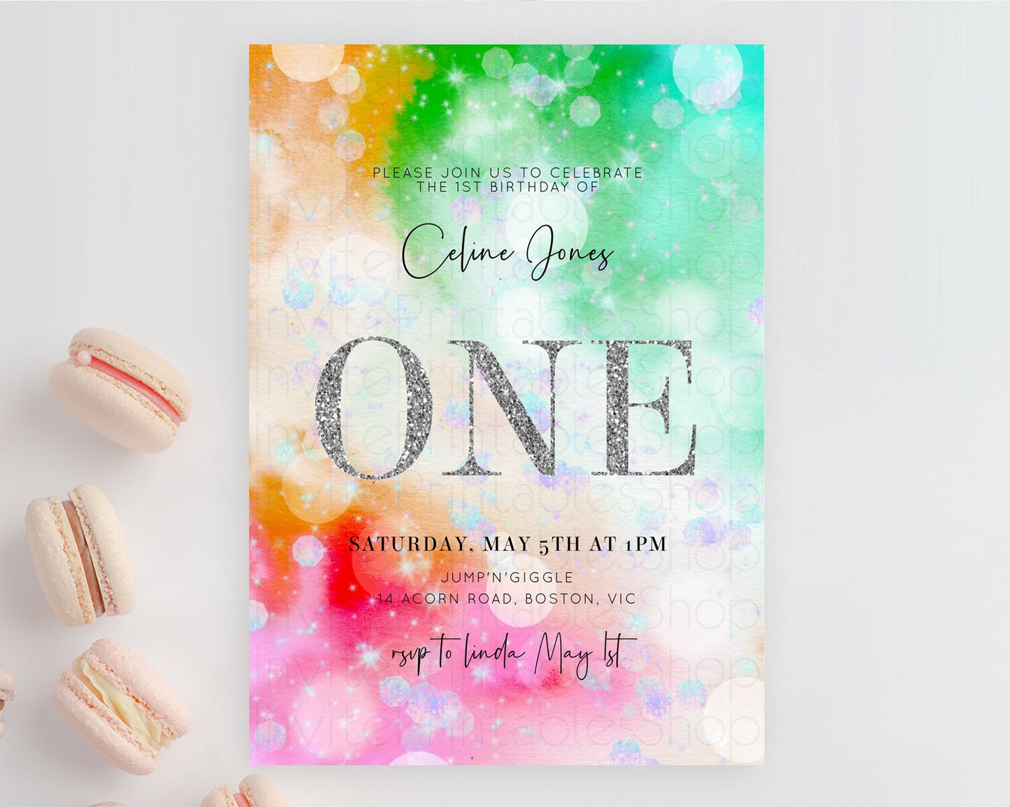 Rainbow Birthday Invitation Colorful Pastel Watercolor Silver Glitter Sprinkles Ombre Pastel Invitation 1st 2nd 3rd First Birthday D10691