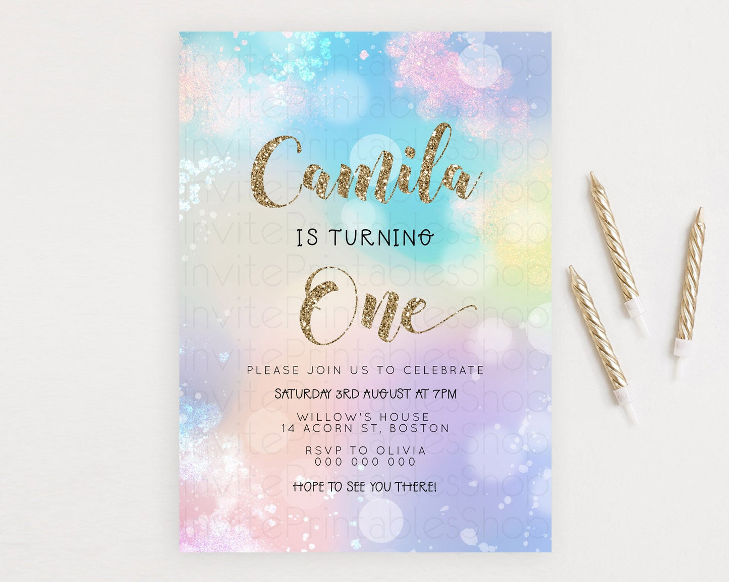 Rainbow Birthday Invitation Colorful Pastel Watercolor Invitation Gold Glitter Sprinkles Ombre Pastel 1st 2nd 3rd Birthday D23129