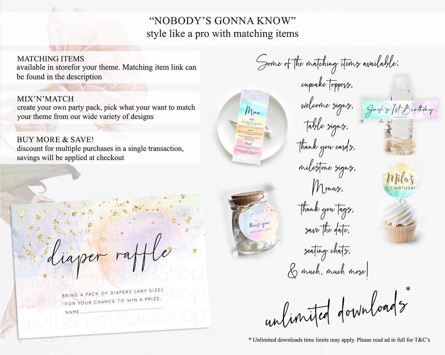Pastel Diaper Raffle Card Pastel Rainbow Diaper Raffle Insert Colorful Ombre Watercolor Diaper Ticket Confetti Glitter Raffle Game D10769