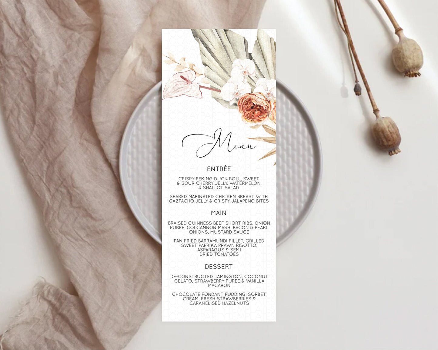 Tropical Menu Template Tropical Menu Palm Leaf Fern Table Decor Frangipani Floral White Orchid Dinner Dessert Menu Party Food Menu D11070