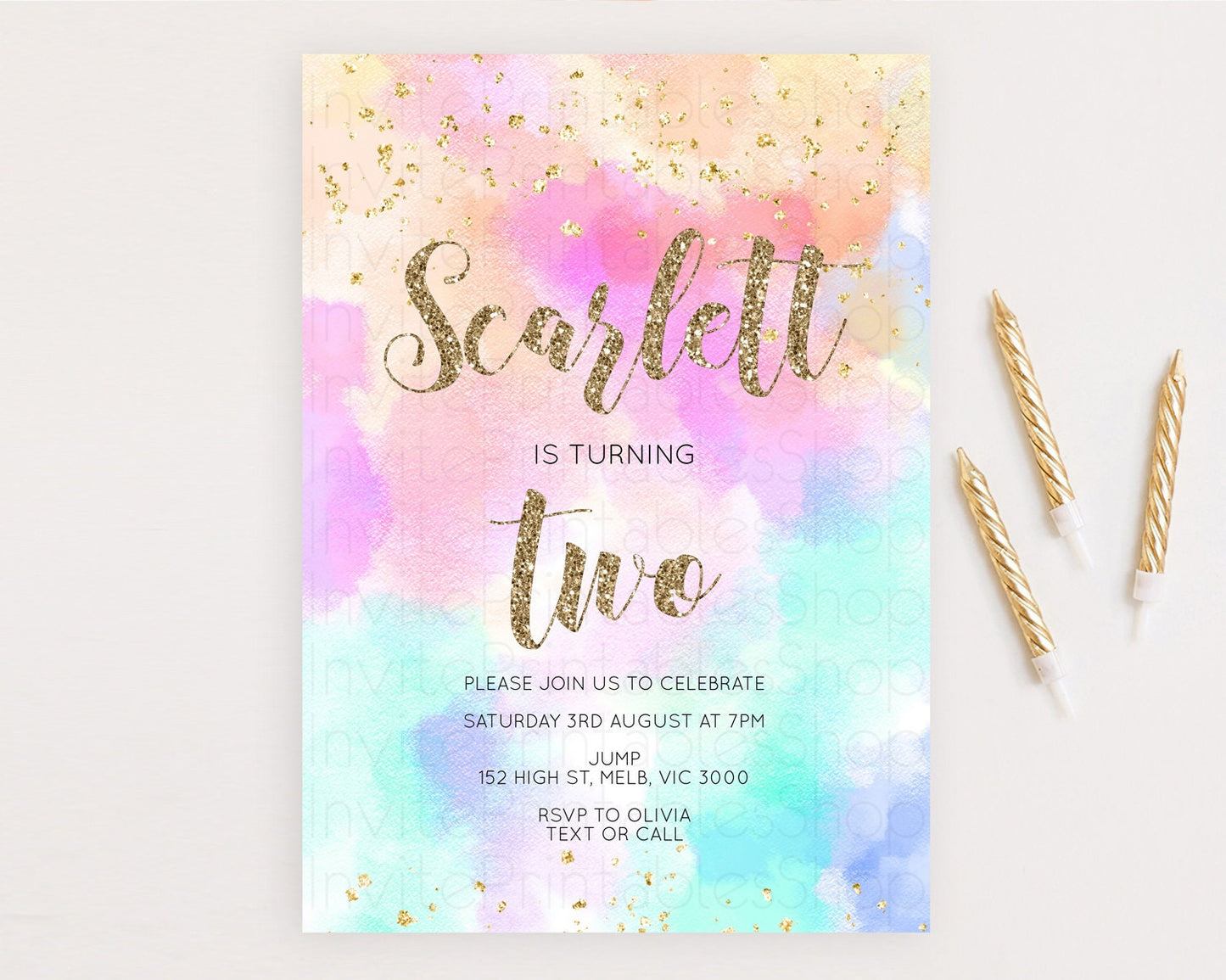 Rainbow Birthday Invitation Colorful Pastel Watercolor Invitation Gold Glitter Sprinkles Ombre Pastel 1st 2nd 3rd Birthday D10669