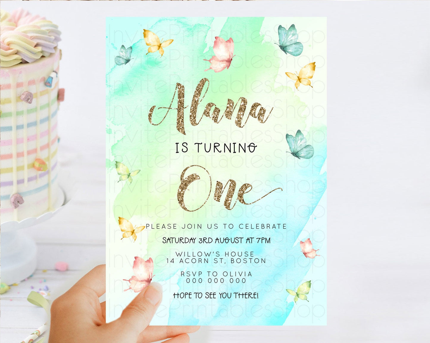 Pastel Butterfly Birthday Invitation Butterfly Birthday Invitation Colorful Splash Glitter Butterfly Garden 1st 2nd Birthday D23240