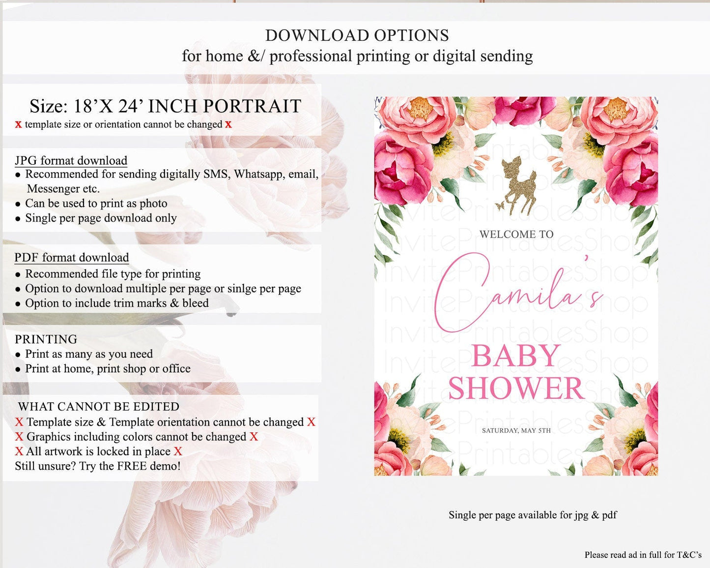 Fawn Baby Shower Welcome Sign Deer Welcome Board Floral Deer Welcome Poster Enchanted Forest Butterfly Pastel Floral Welcome Sign D10326