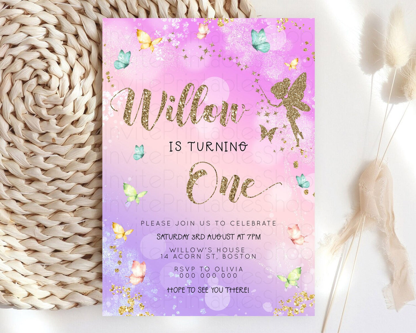 Pastel Fairy Birthday Invitation Pastel Butterflies Fairy Birthday Invitation Rainbow Ombre Watercolor 1st 2nd Birthday Invitation D23164