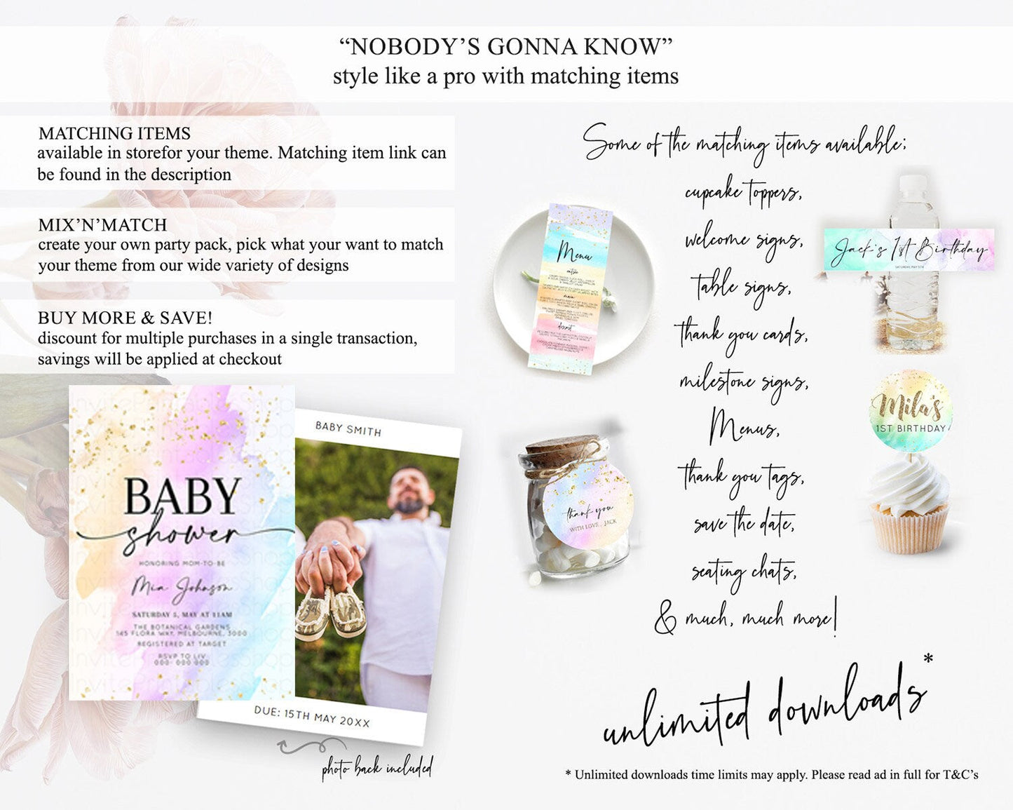 Pastel Baby Shower Invitation Rainbow Baby Shower Invitation Colorful Pastel Watercolor Invitation Gold Glitter Sprinkles Ombre D10175