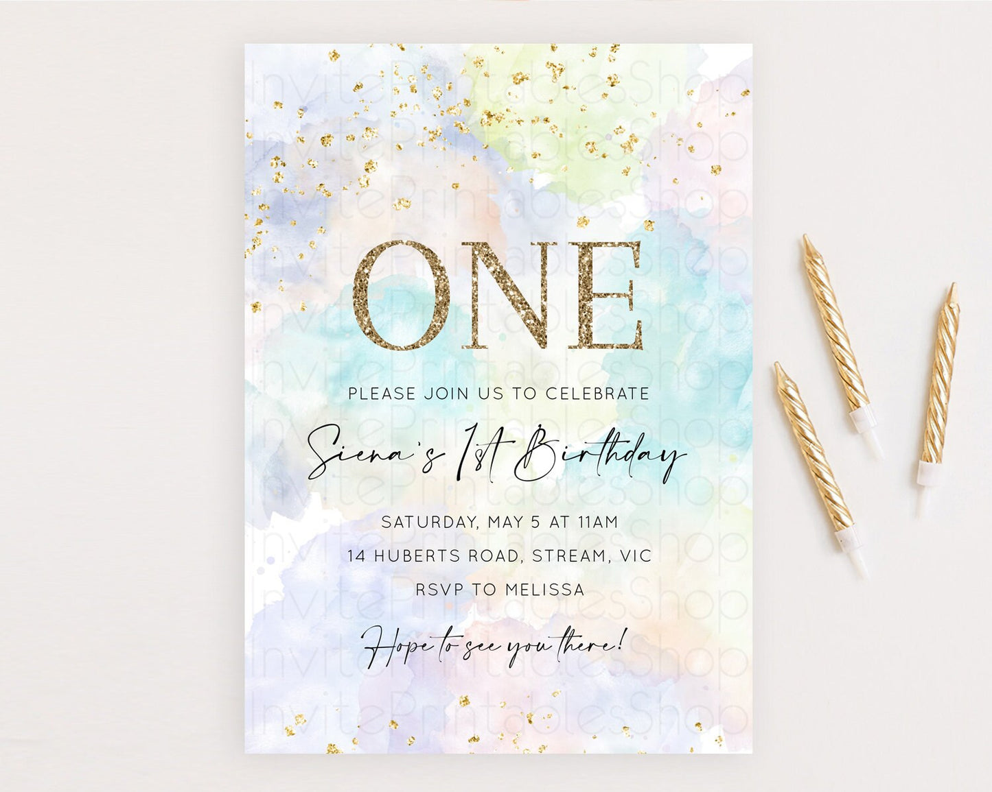 Rainbow Birthday Invitation Colorful Pastel Watercolor Invitation Gold Glitter Sprinkles Ombre Pastel 1st 2nd 3rd Birthday D10613