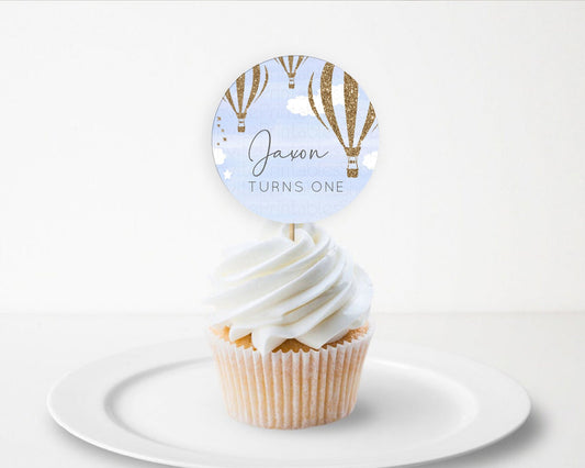 Editable Hot Air Balloon Cupcake Toppers Adventure Awaits Up & Away Glitter