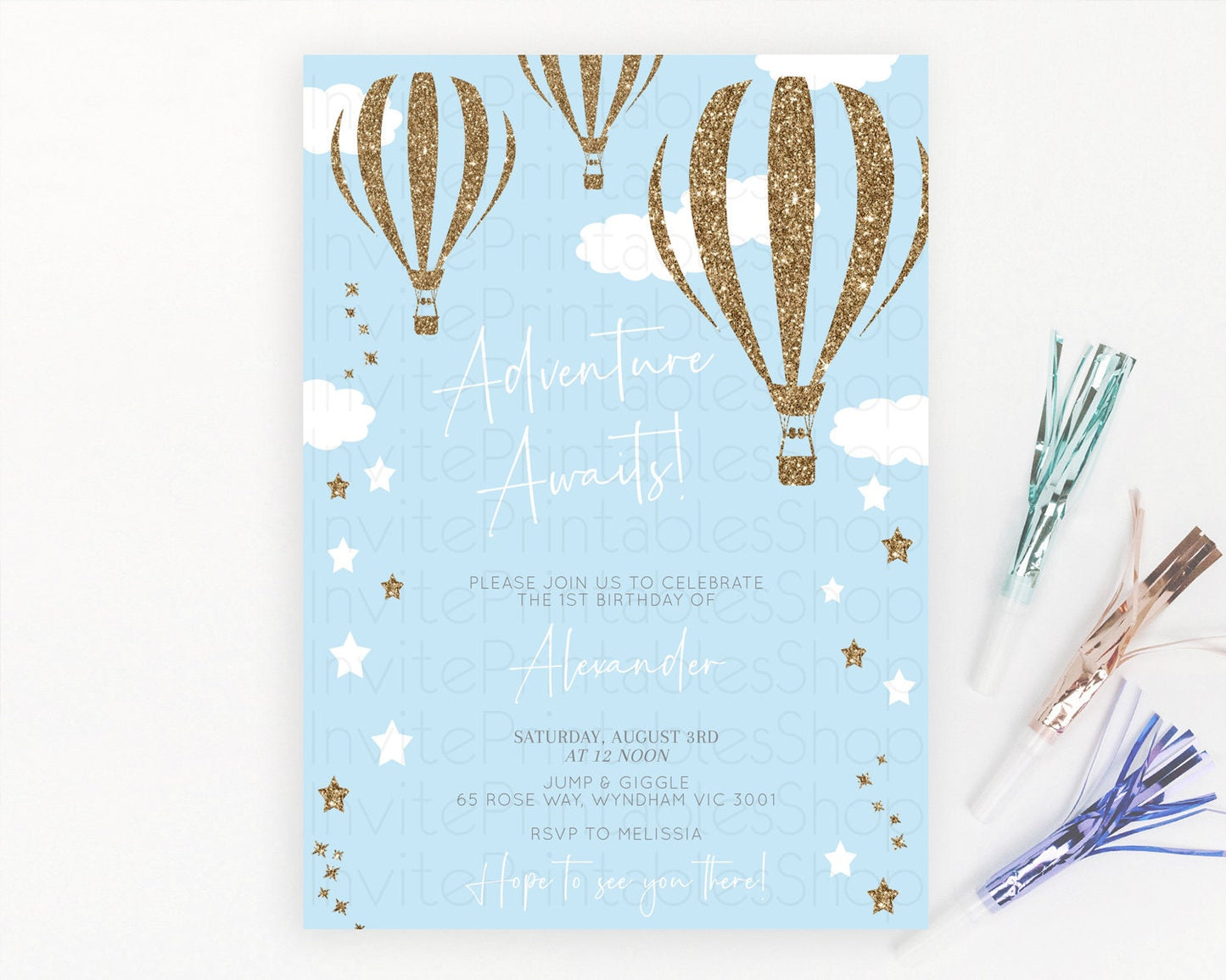 Hot Air Balloon Birthday Invitation Hot Air Balloon Invites Adventure Awaits Up Up & Away Glitter Blue Watercolor 1st Birthday Boy D10332