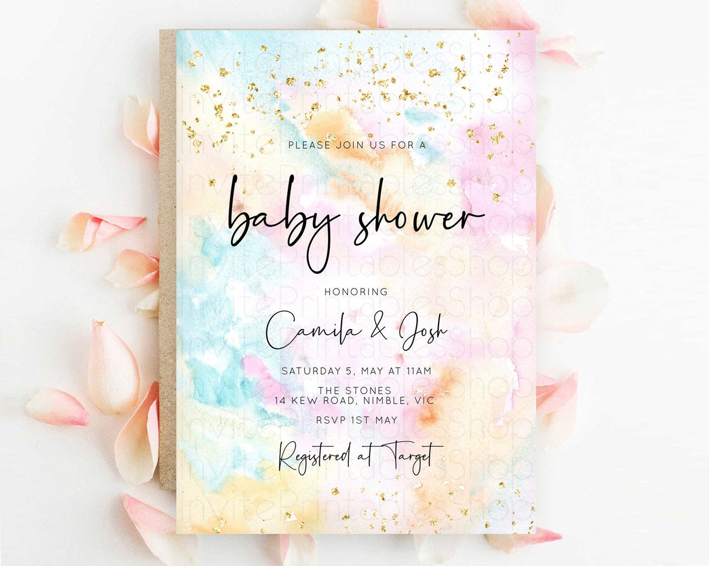 Pastel Baby Shower Invitation Rainbow Baby Shower Invitation Colorful Pastel Watercolor Invitation Gold Glitter Sprinkles Ombre D10548