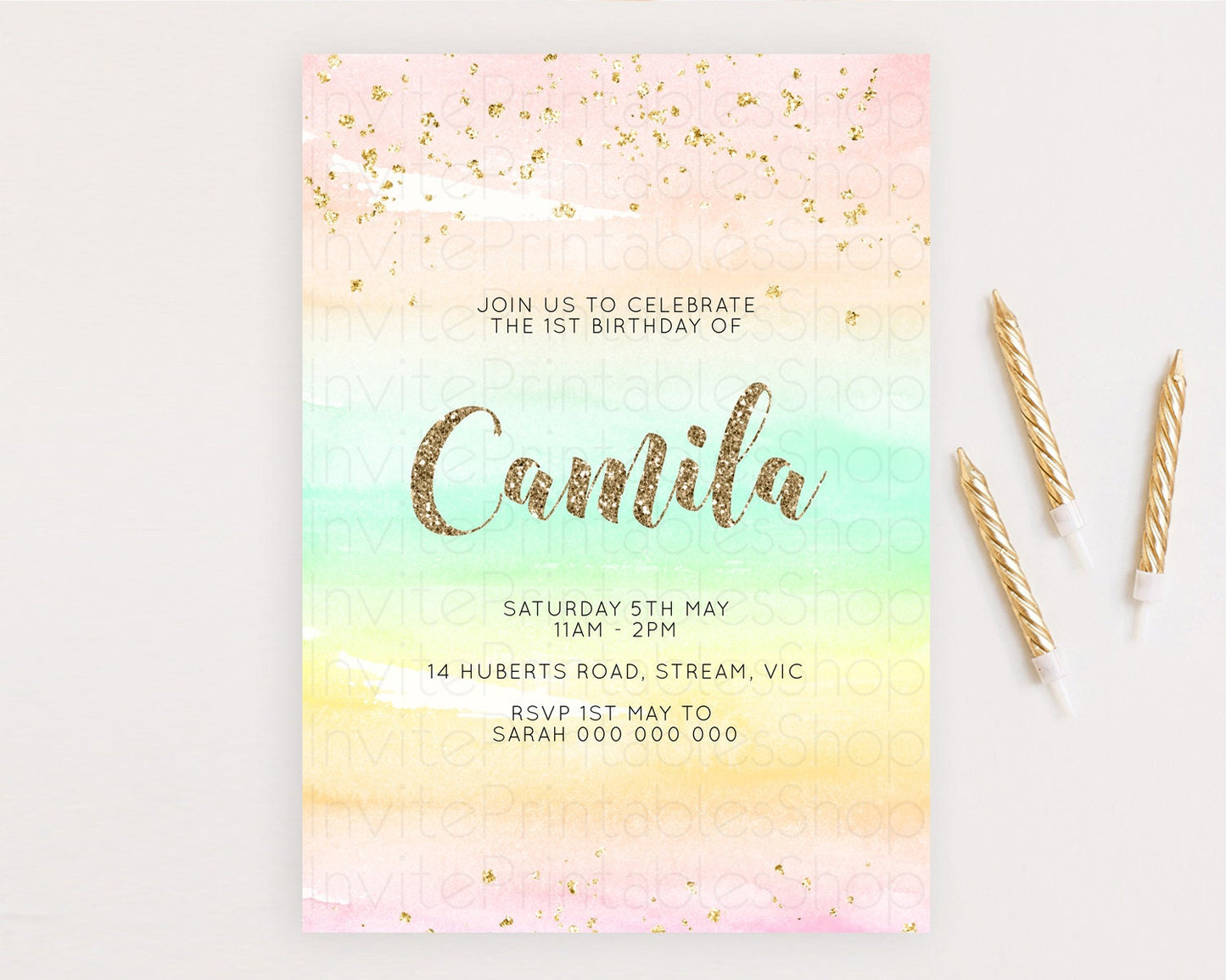 Rainbow Birthday Invitation Colorful Pastel Watercolor Invitation Gold Glitter Sprinkles Ombre Pastel 1st 2nd 3rd Birthday D10592