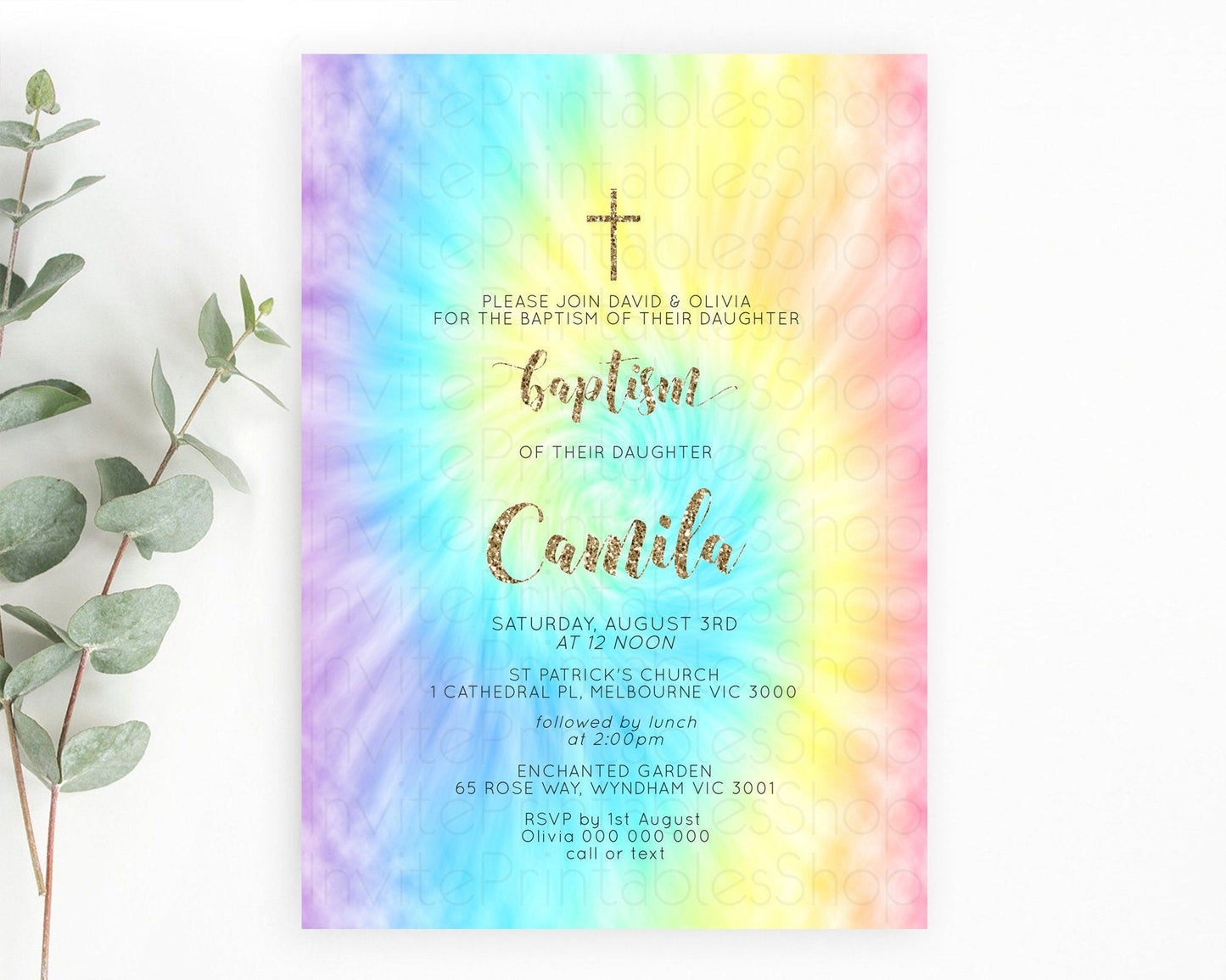 Tie Dye Baptism Invitation Rainbow Baptism 1st Birthday Invitation Pastel Ombre Colorful Christening Invitation Holy Communion D10580
