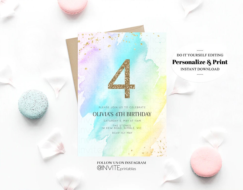 Pastel Rainbow Birthday Invitation Colorful Watercolor Splash Ombre Ink Paint Gold Confetti Glitter Age  Purple Pink Blue 146v3