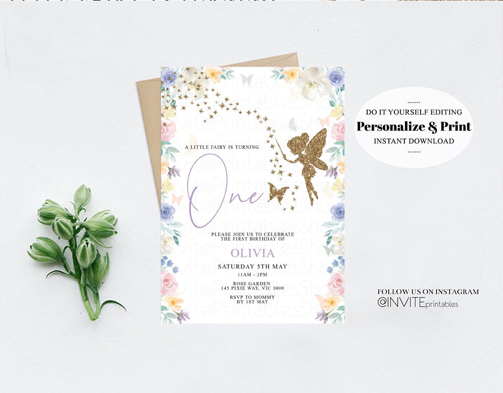 Fairy Birthday Invitation Enchanted Garden Fairy Garden Watercolor Secret Garden Glitter Floral Pastel Pink Blue Yellow Purple Flowers F113