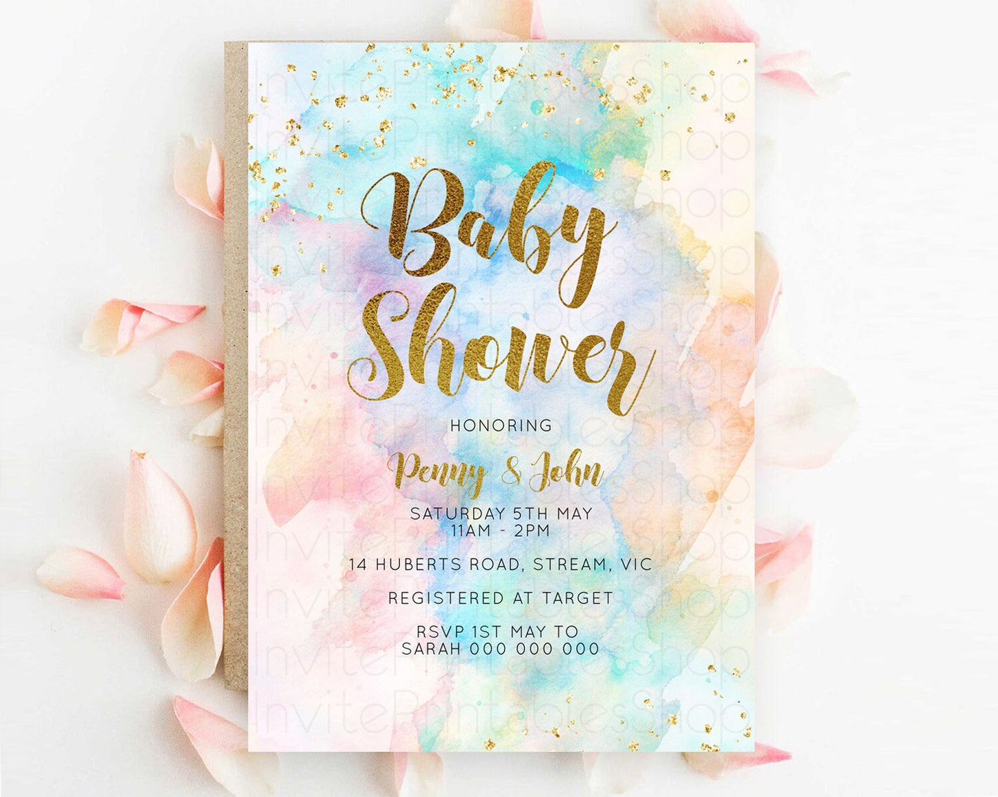 Pastel Baby Shower Invitation Rainbow Baby Shower Invitation Colorful Pastel Watercolor Invitation Gold Glitter Sprinkles Ombre D10272