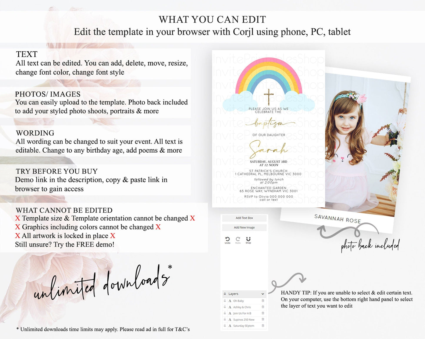 Pastel Rainbow Baptism Invitation Boho Rainbow Baptism 1st Birthday Invitation Rainbow Pastel Watercolor Christening Invitation D10123