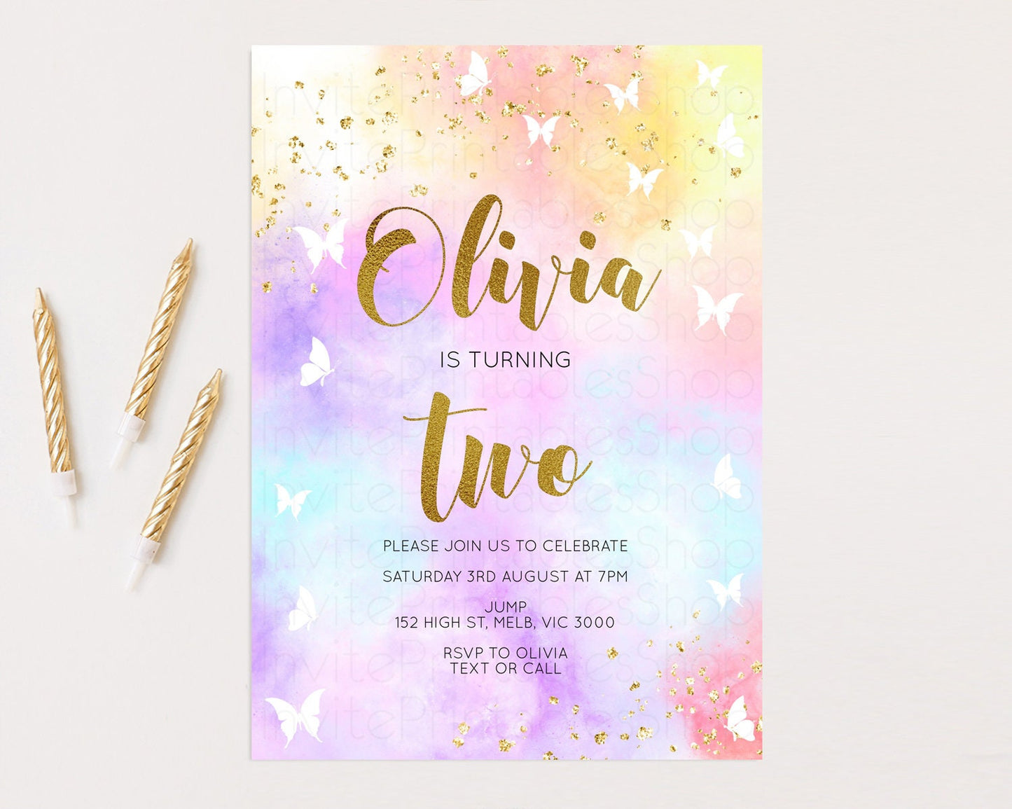 Rainbow Birthday Invitation Pastel Rainbow Birthday Invite Ombre Watercolor Invite Colorful Butterflies Glitter Sprinkles 1st 2nd 3rd 499