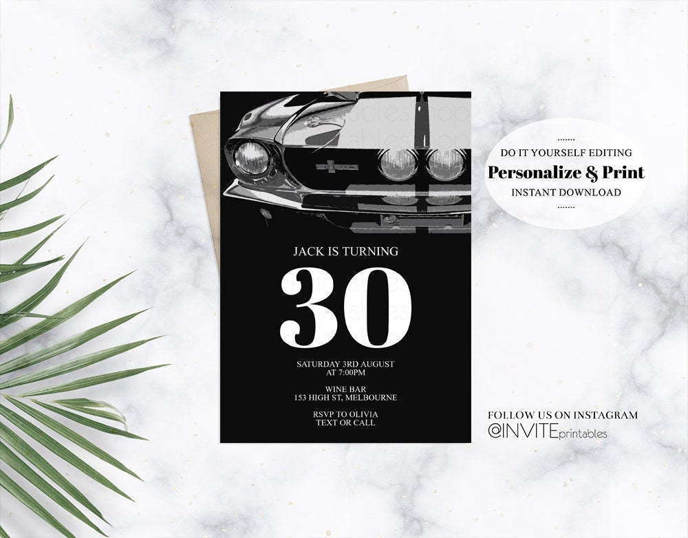 Car Mustang Birthday Invitation, Ford Mustang Invitation, Mustang Invite, Ford Birthday Invitation, Black, Mustang, Ford Black Grey