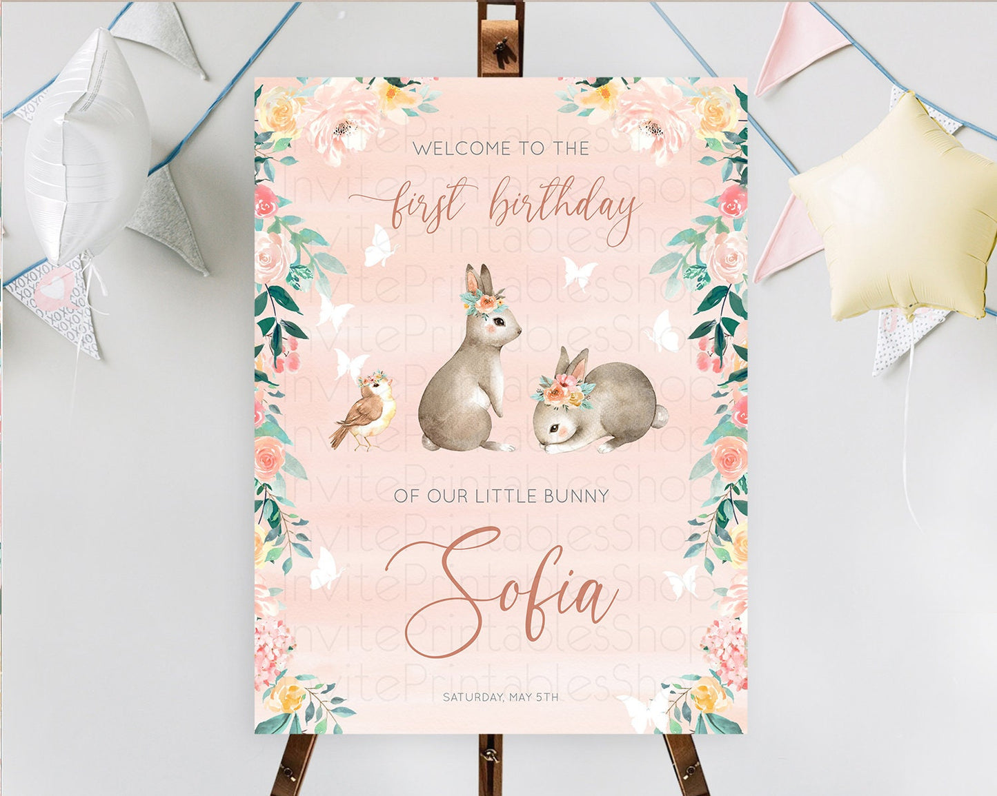 Bunny Welcome Sign Floral Bunny Welcome Board Pastel Flowers Woodland Bunny Welcome Poster Forest Bunny First Birthday Welcome Sign D10922