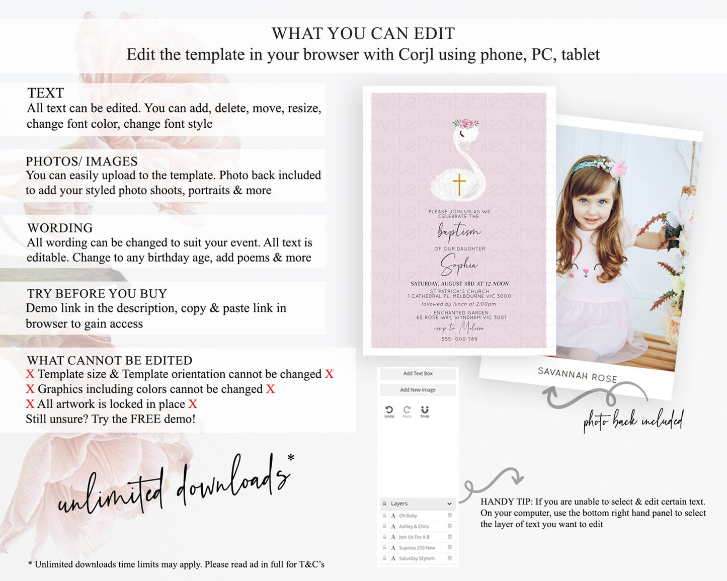 Swan Lake Baptism Invitation Swan Princess Ballet Baptism 1st Birthday Enchanted Forest Secret Garden Watercolour Pastel Floral D10758