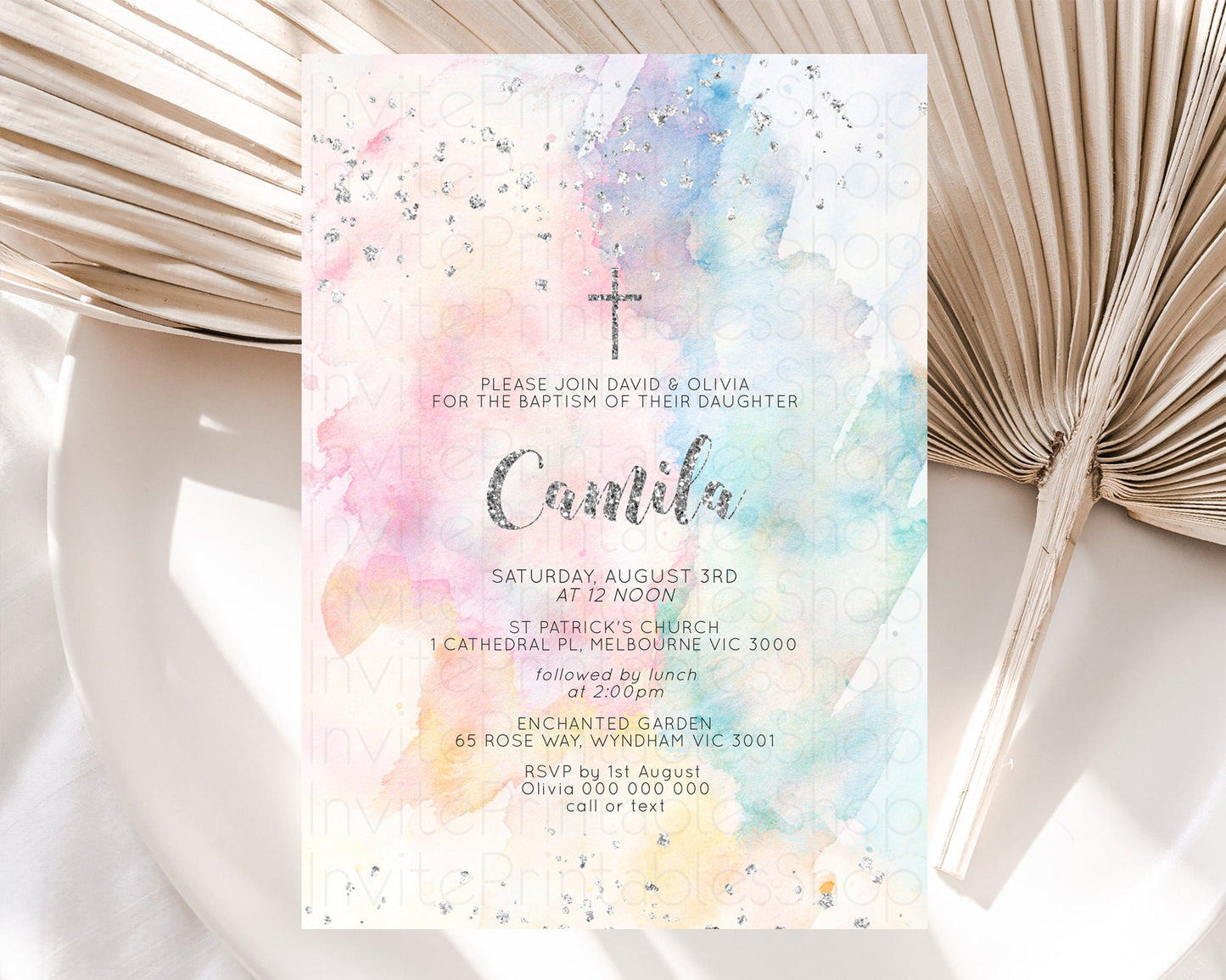 Rainbow Baptism Invitation Colorful Pastel Watercolor Baptism 1st Birthday Invitation Silver Glitter Ombre Christening Invitation D10944