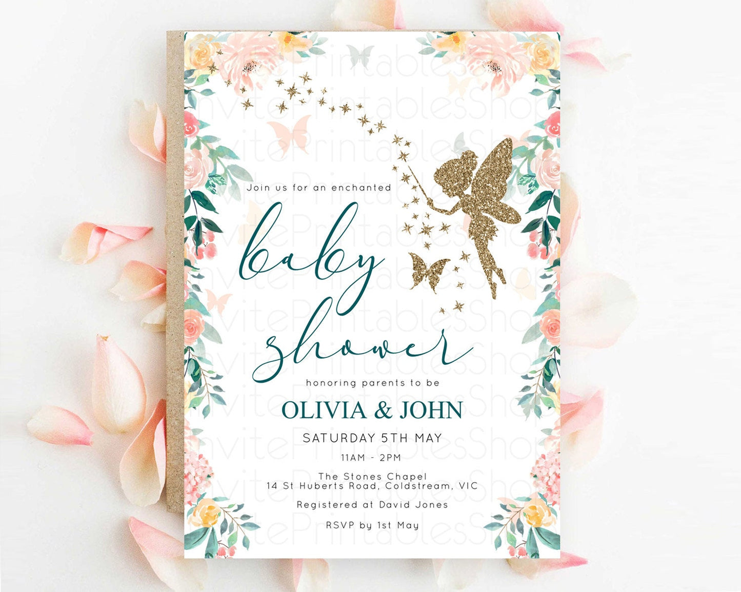 Fairy Baby Shower Invitation, Secret Garden, Fairy Garden, Pastel Green, Orange, Pink Floral, Butterflies - with Pixie Glitter Magic D10239