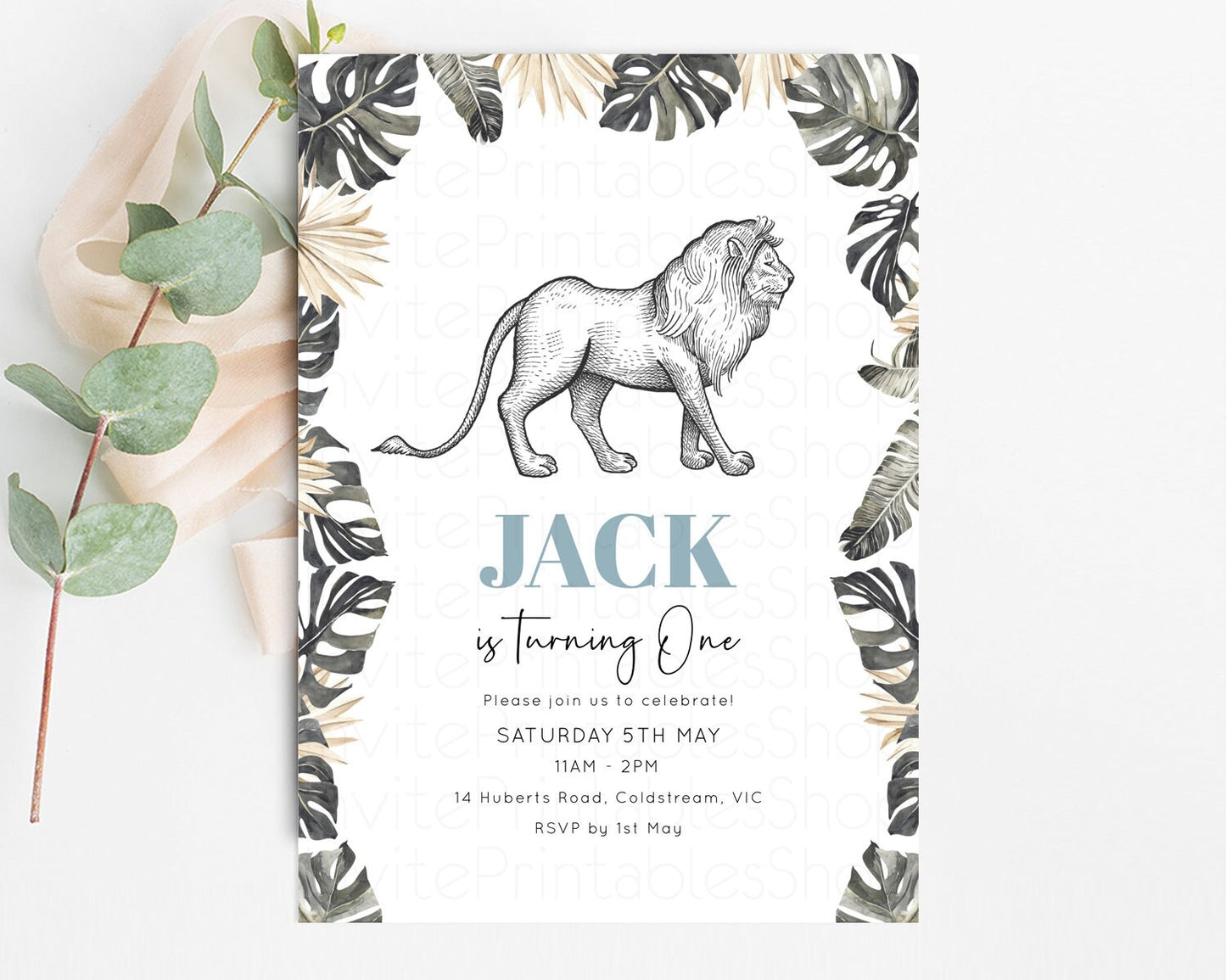 Lion Birthday Invitation Lion Invitation Tropical Palms Invitation Jungle Safari Adventure Zoo Party Wild Party Animal 1st 2nd 3rd p249