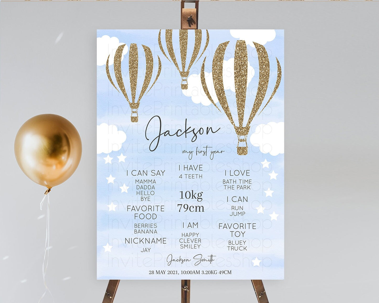 Hot Air Balloon First Birthday Milestone Poster Hot Air Balloon Milestone Board Adventure Awaits Blue Watercolor 1st Birthday Boy D10333