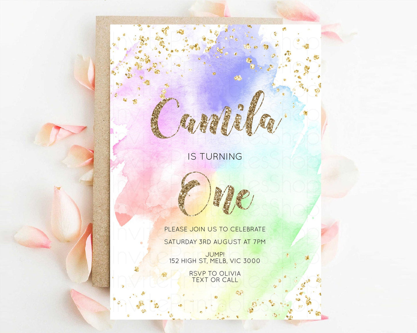 Rainbow Birthday Invitation Pastel Birthday Invitation Ombre Rainbow Invite Colorful Watercolor Invite Glitter Sprinkle Invitation G378