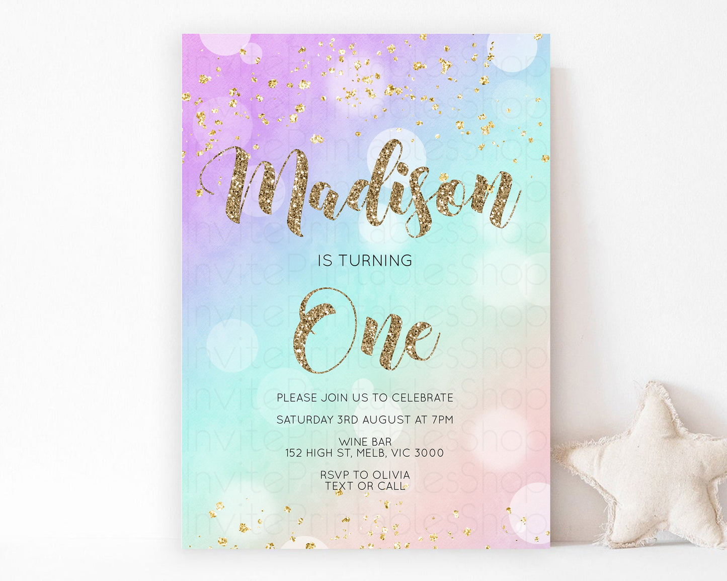 Rainbow Birthday Invitation Pastel Birthday Invite Ombre Watercolor Invite Enchanted Theme Colorful Splash Glitter Sprinkles 1st 2nd 3rd