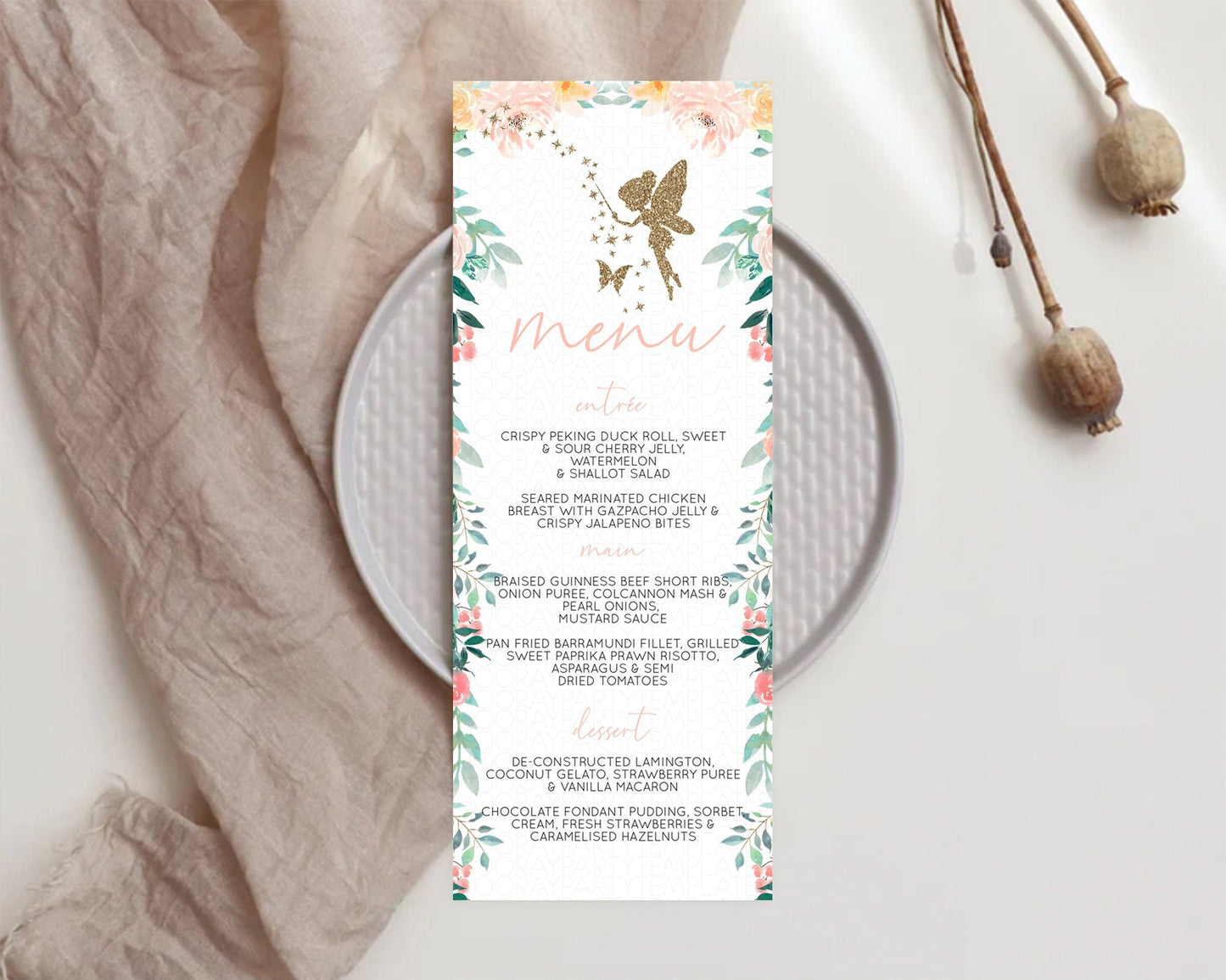 Fairy Menu Fairy Menu Template Enchanted Garden Pastel Floral Butterfly Table Decor Fairy Secret Garden Dinner Dessert Food Menu D10789