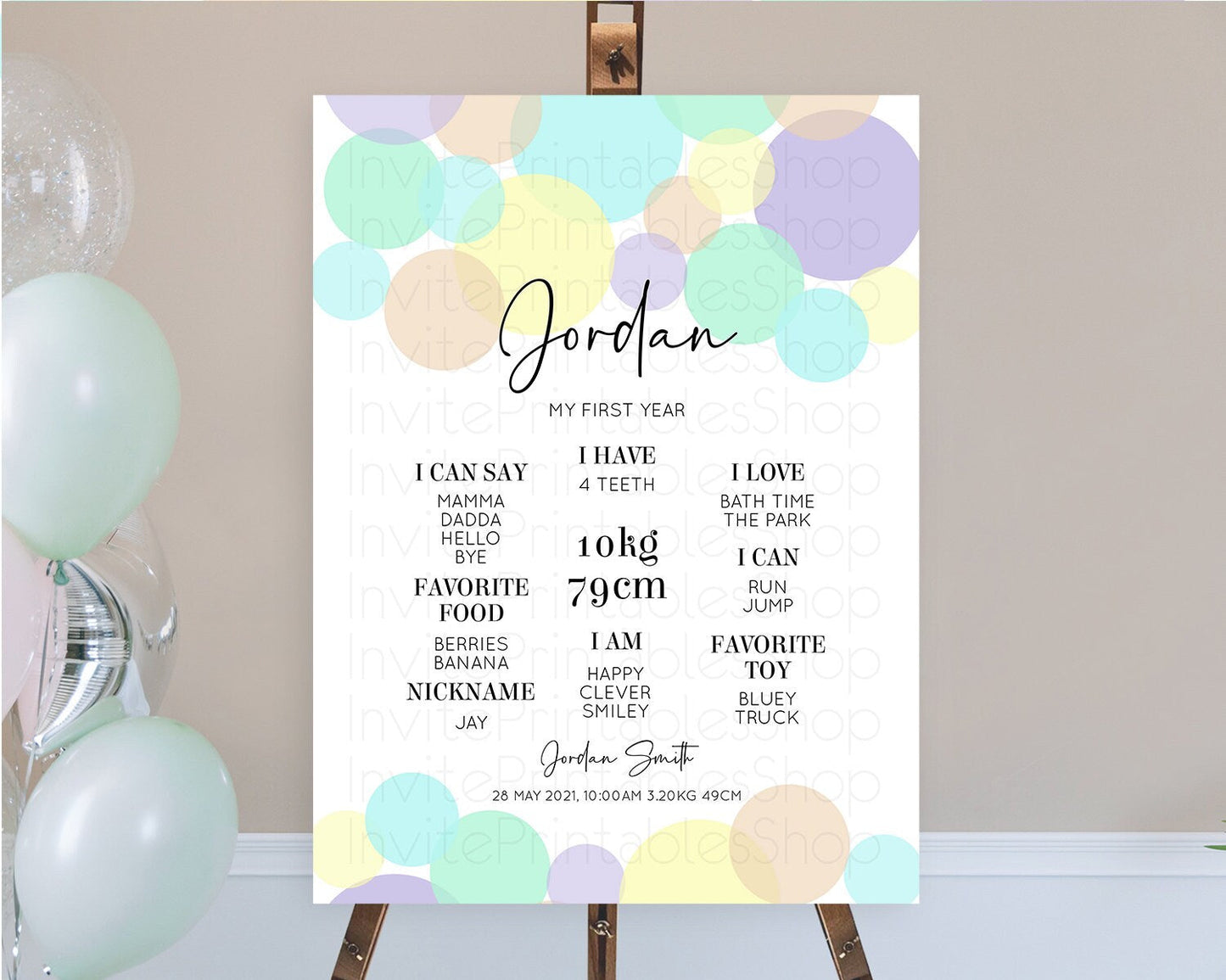 Pastel First Birthday Milestone Poster Pastel Rainbow Confetti First Birthday Milestone Board Colorful Bubbles Birthday Welcome Sign D10414
