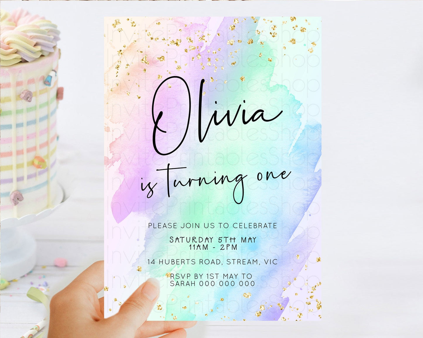 Pastel Birthday Invitation Ombre Watercolor Birthday Invitation Glitter Rainbow Color Splash 1st 2nd 3rd Birthday Invitation D23053