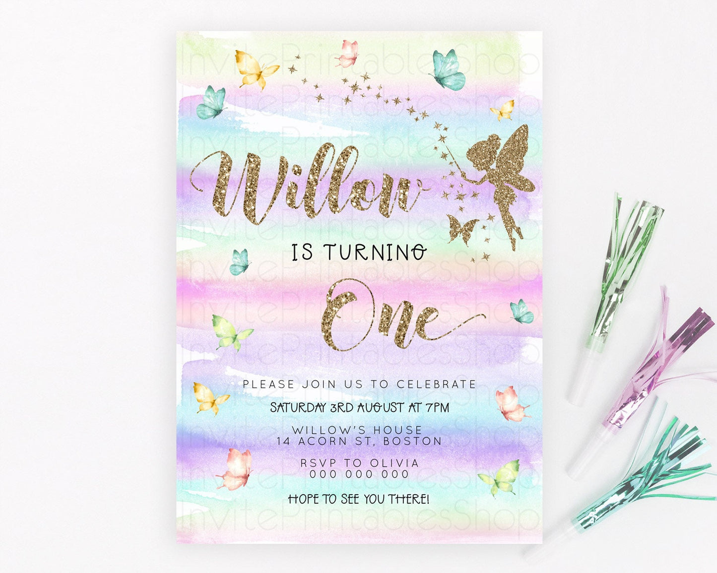 Pastel Fairy Birthday Invitation Pastel Butterflies Fairy Birthday Invitation Rainbow Ombre Watercolor 1st 2nd Birthday Invitation D23310